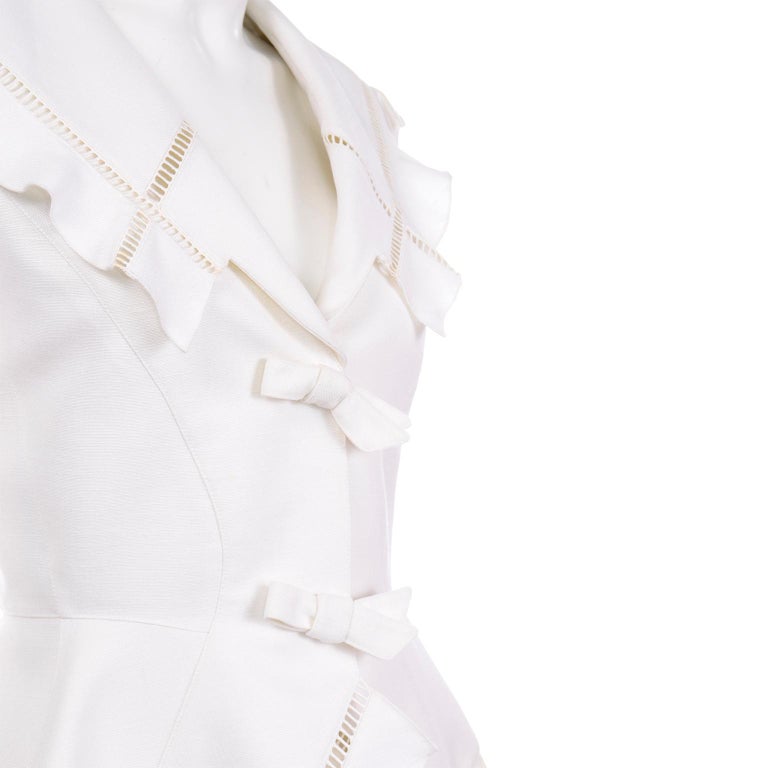 Vintage Thierry Mugler White Linen Blend Skirt & Peplum Jacket Suit With Ruffles For Sale 2