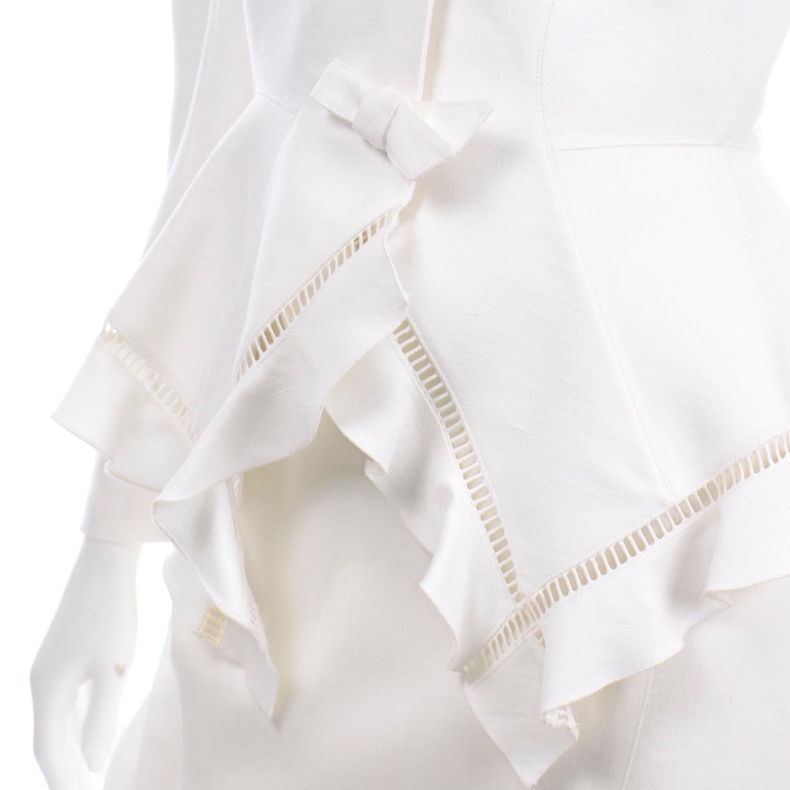 Women's Vintage Thierry Mugler White Linen Blend Skirt & Peplum Jacket Suit With Ruffles