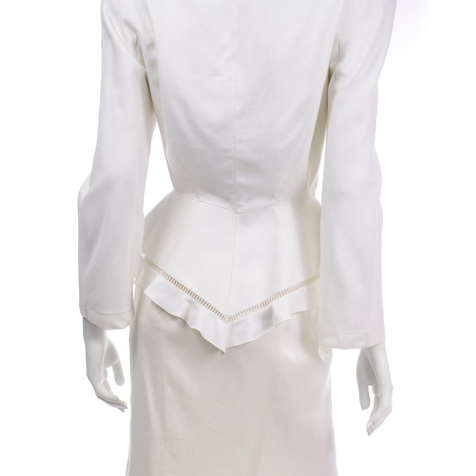 Vintage Thierry Mugler White Linen Blend Skirt & Peplum Jacket Suit With Ruffles 1