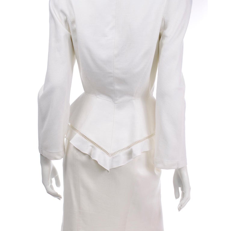 Vintage Thierry Mugler White Linen Blend Skirt & Peplum Jacket Suit With Ruffles For Sale 4