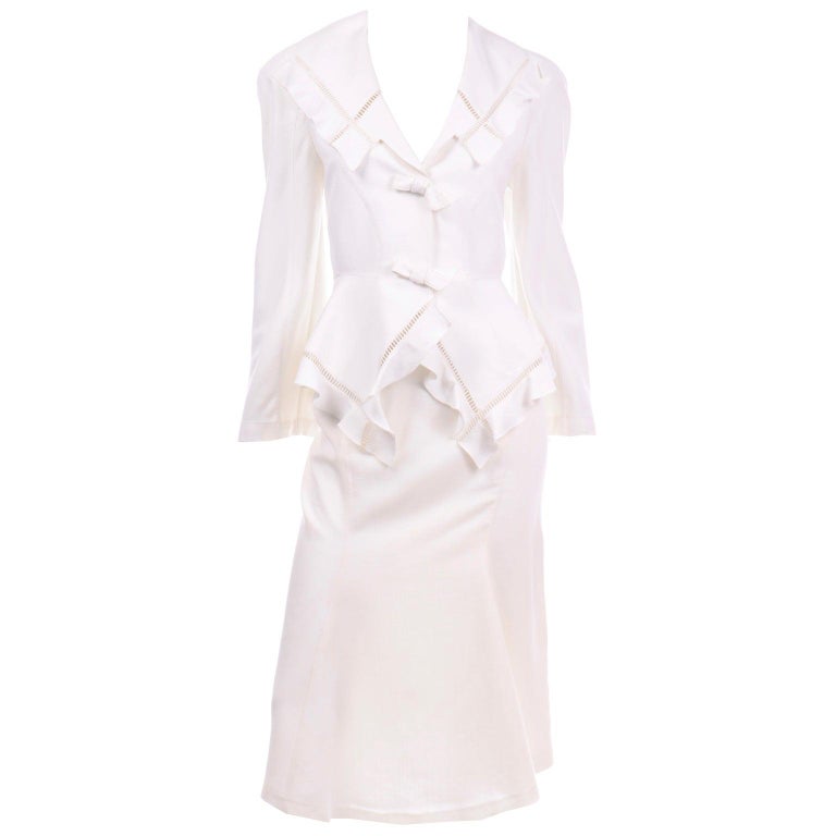 Vintage Thierry Mugler White Linen Blend Skirt & Peplum Jacket Suit With Ruffles For Sale
