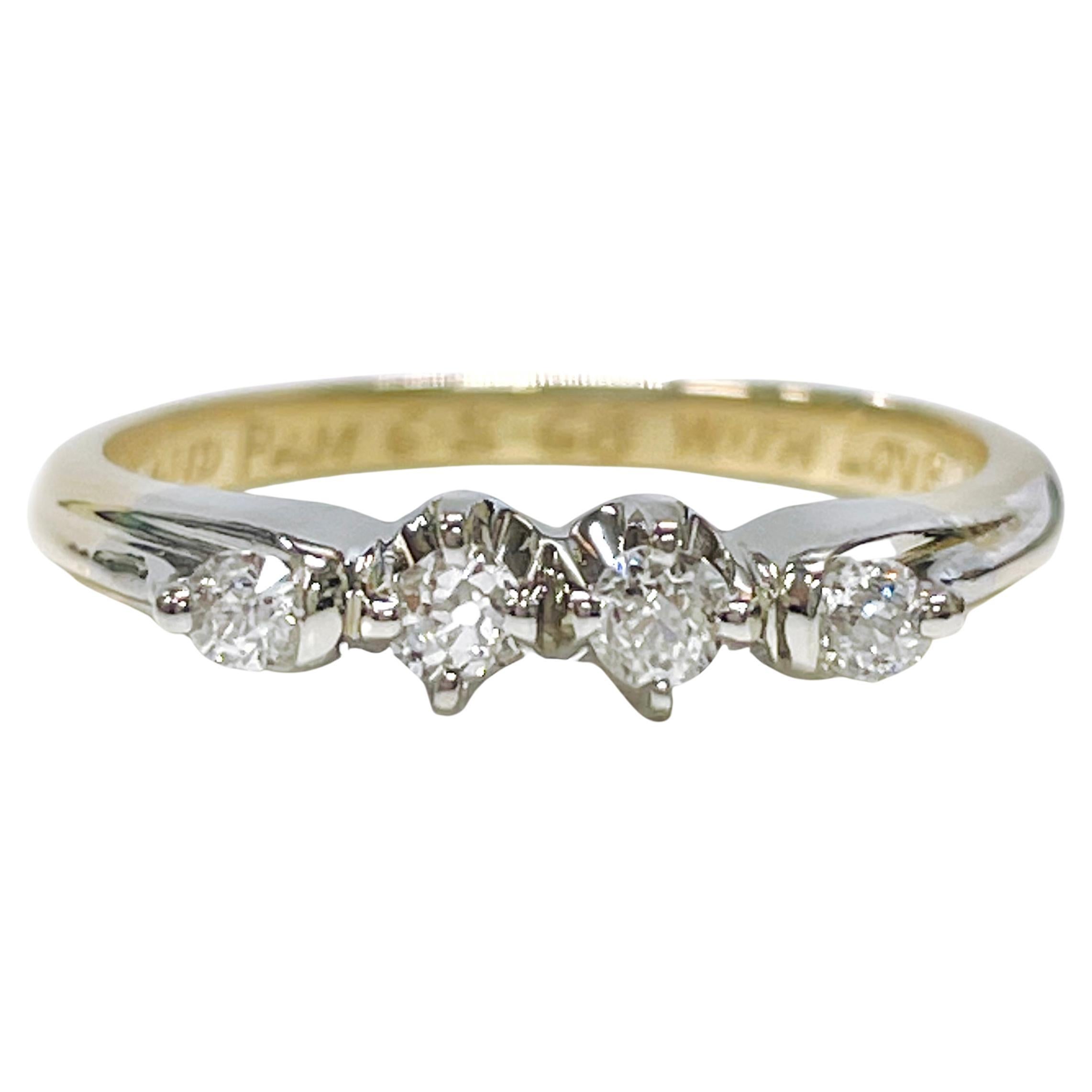 Vintage Thin Yellow Gold Four Diamond Ring For Sale
