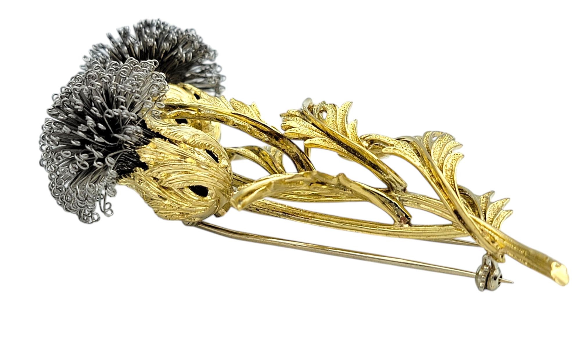 Vintage Thistle Flower Brooch in Textured 18 Karat Yellow and White Gold In Good Condition For Sale In Scottsdale, AZ