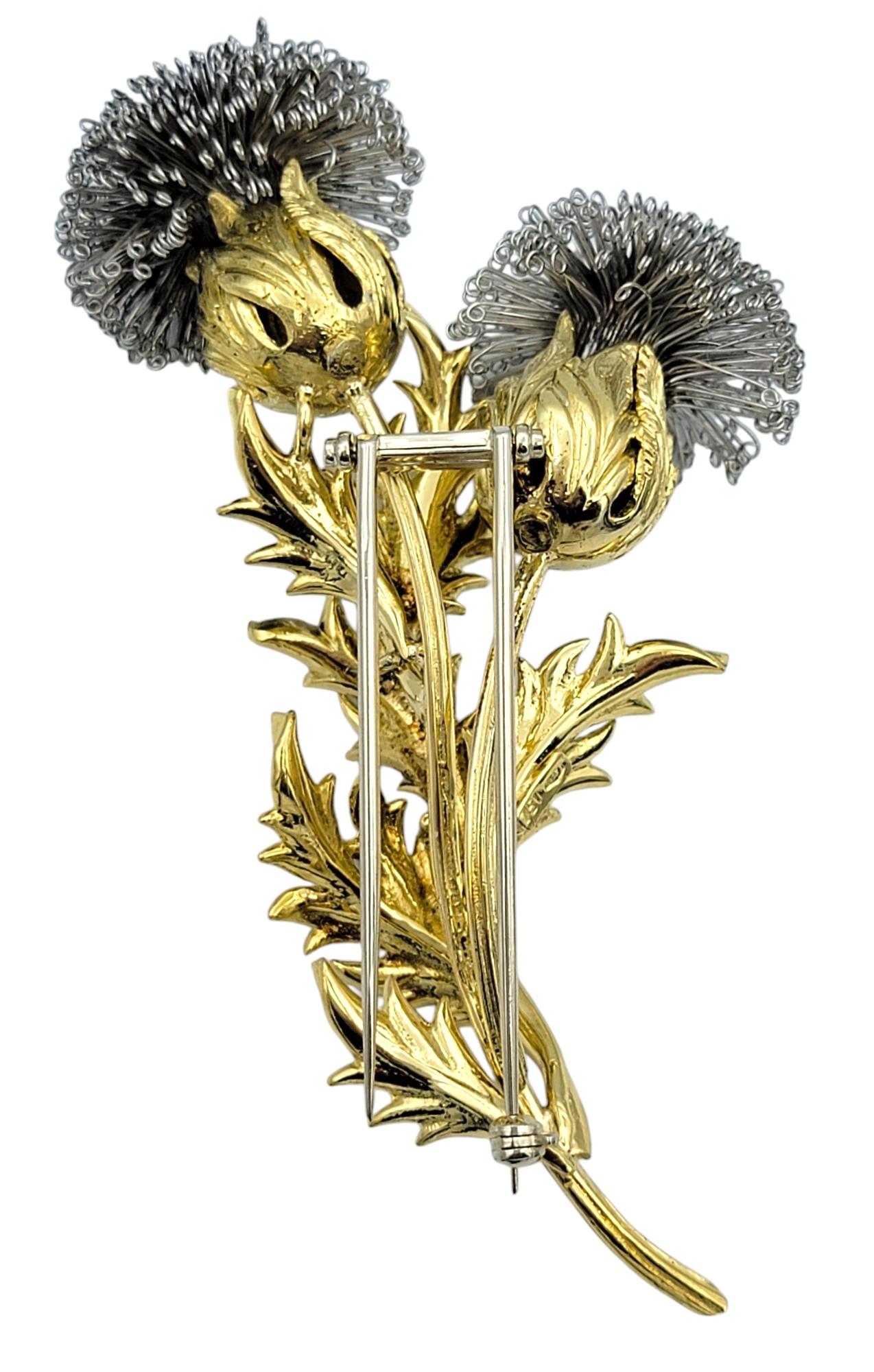 Women's or Men's Vintage Thistle Flower Brooch in Textured 18 Karat Yellow and White Gold For Sale