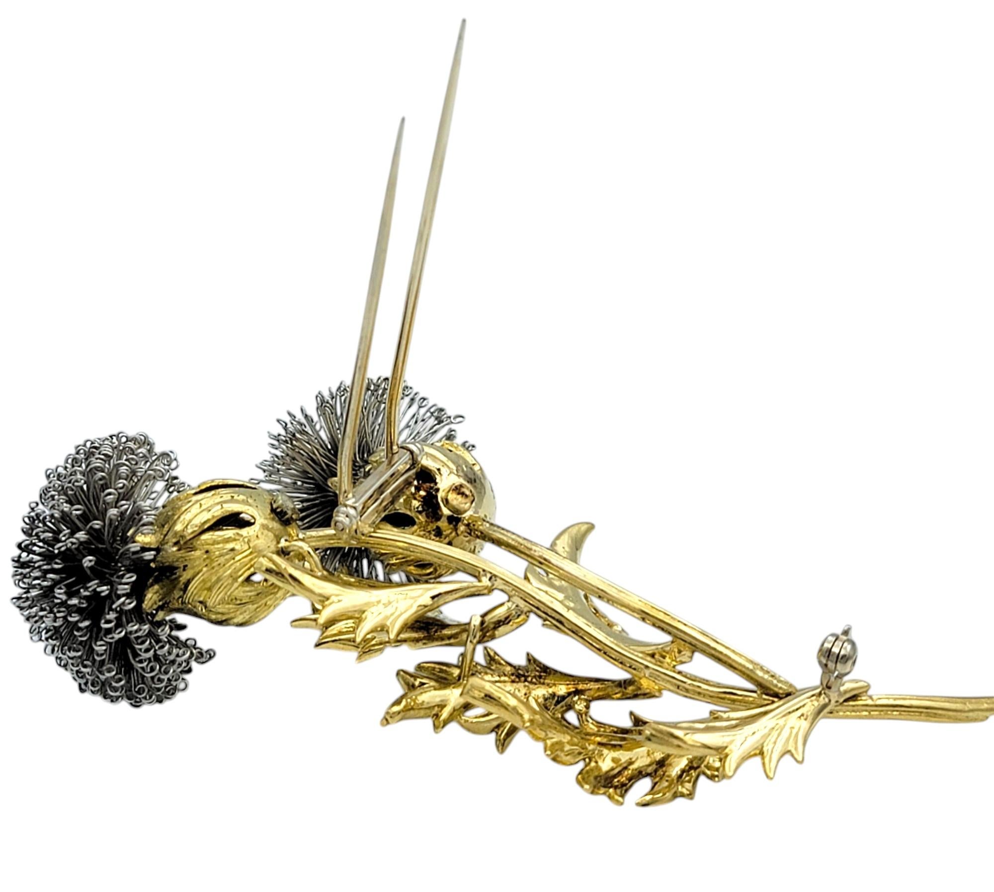 Vintage Thistle Flower Brooch in Textured 18 Karat Yellow and White Gold For Sale 1