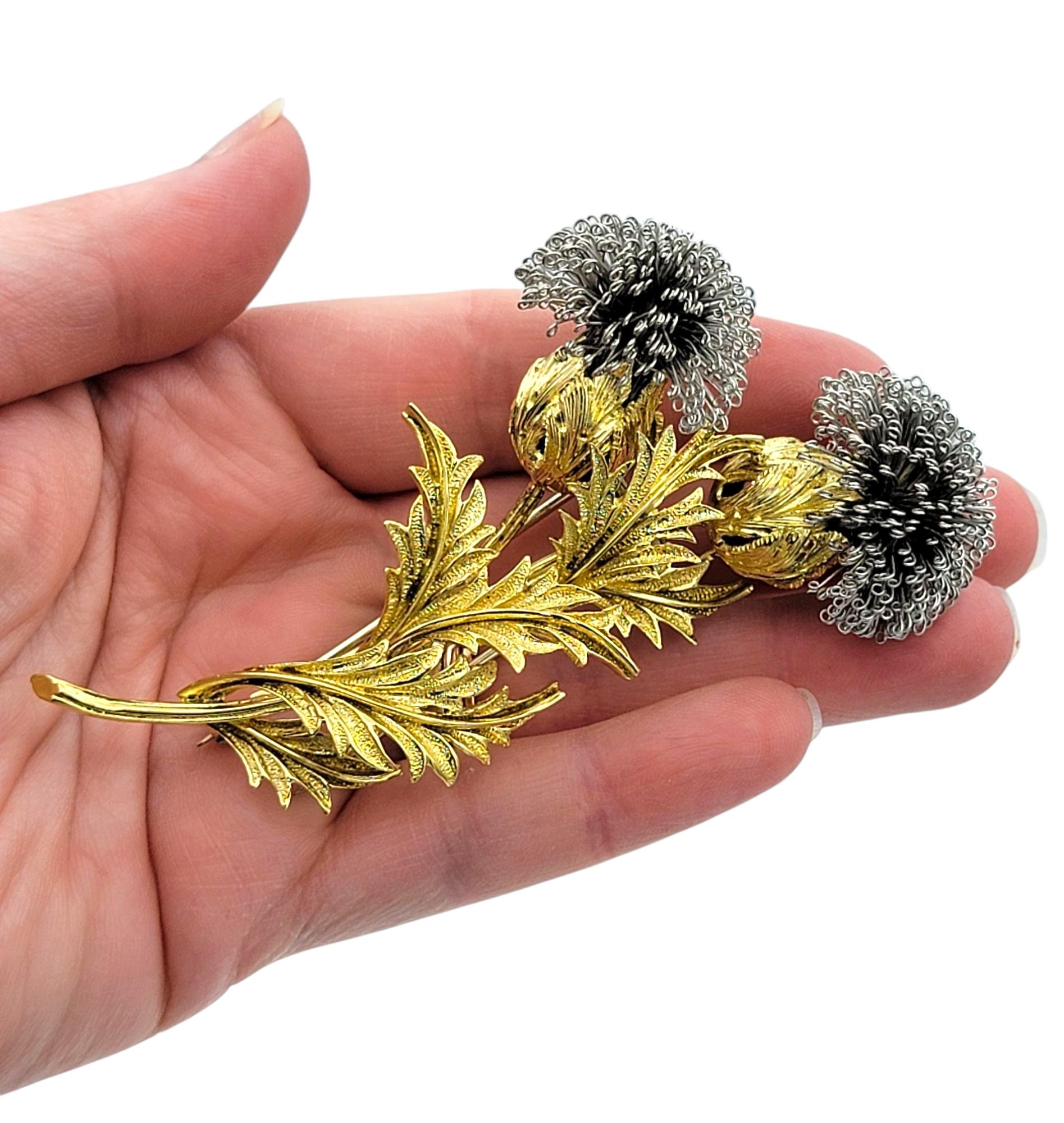Vintage Thistle Flower Brooch in Textured 18 Karat Yellow and White Gold For Sale 3