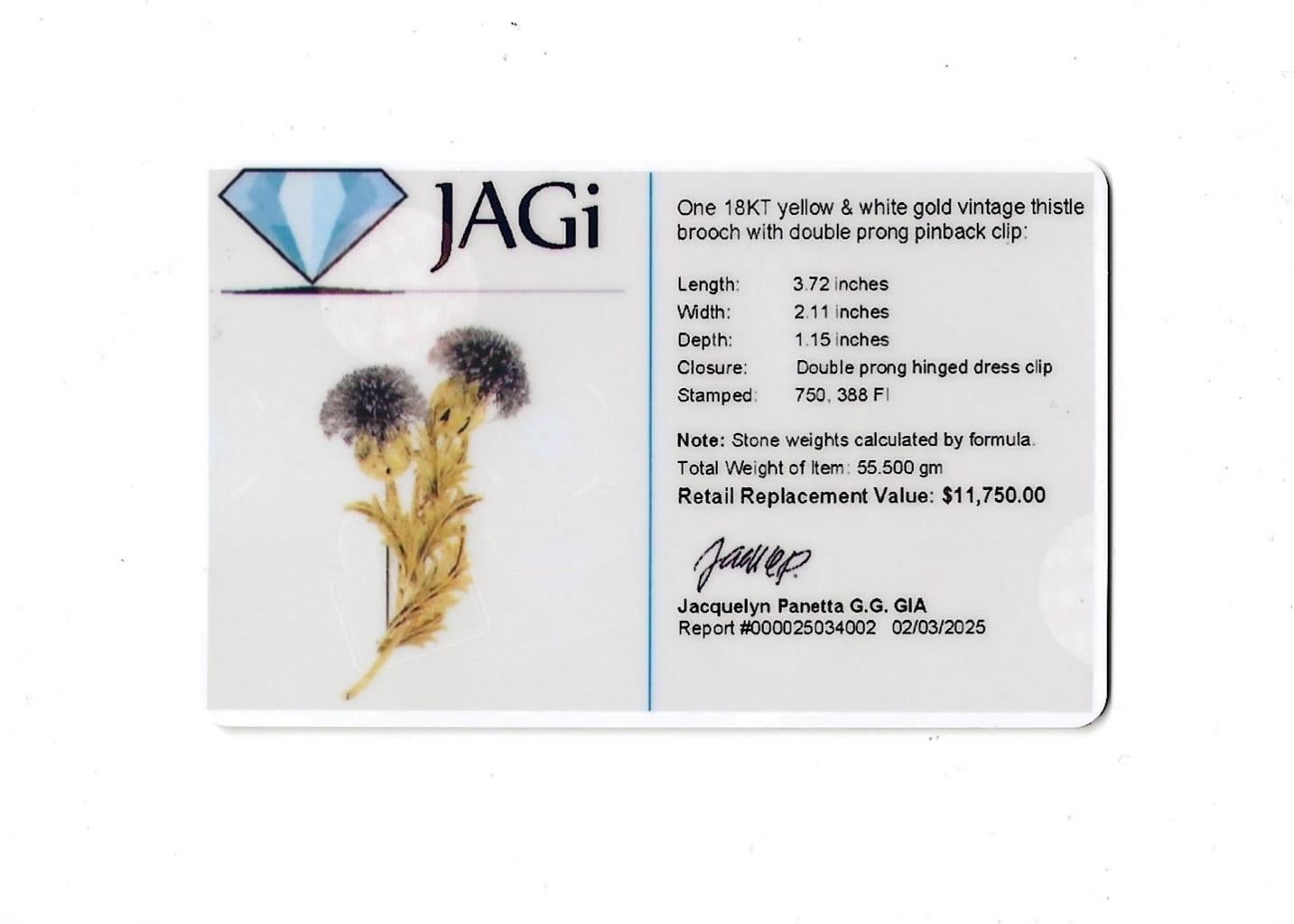 Vintage Thistle Flower Brooch in Textured 18 Karat Yellow and White Gold For Sale 4