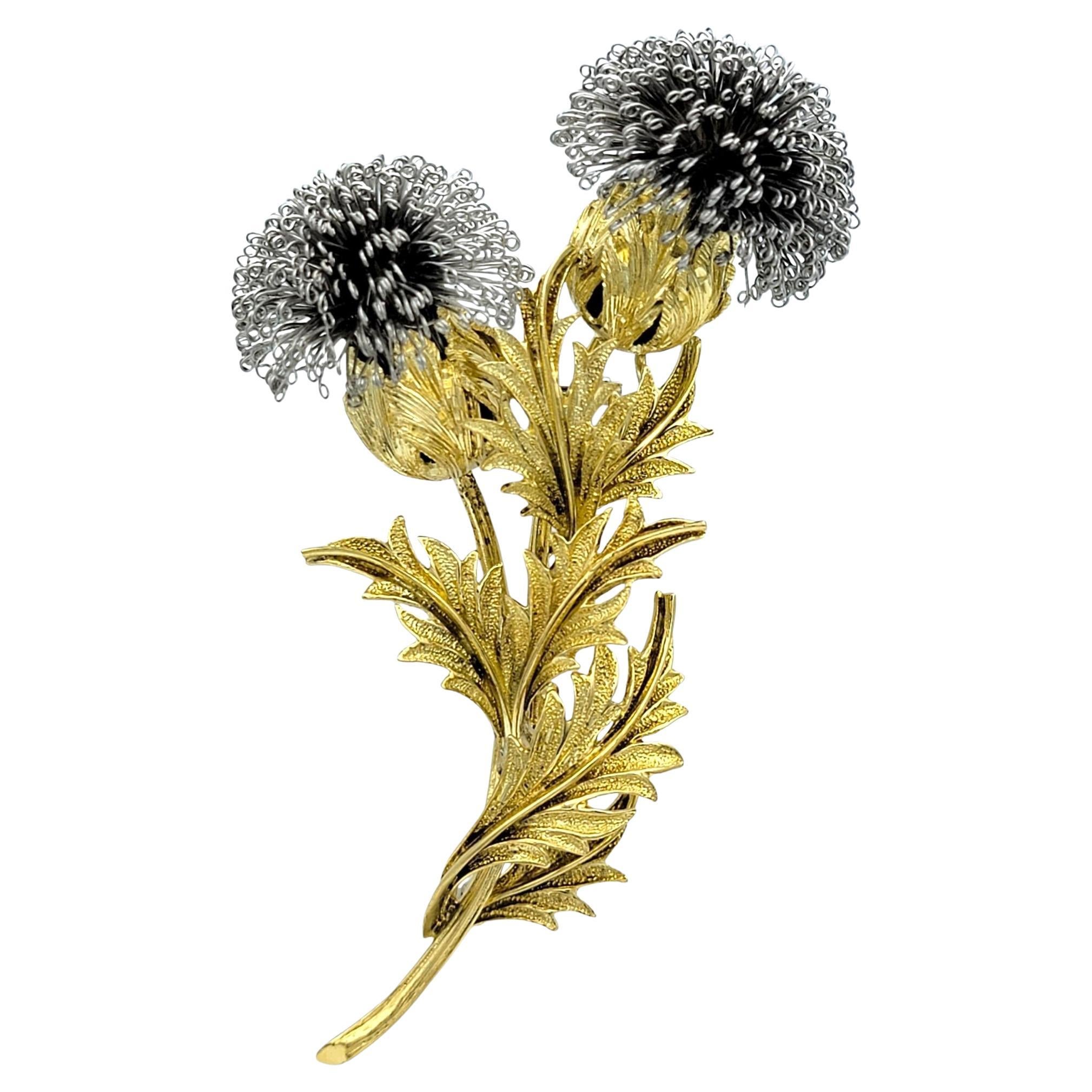 Broche vintage Flor de cardo en oro amarillo y blanco de 18 quilates texturado