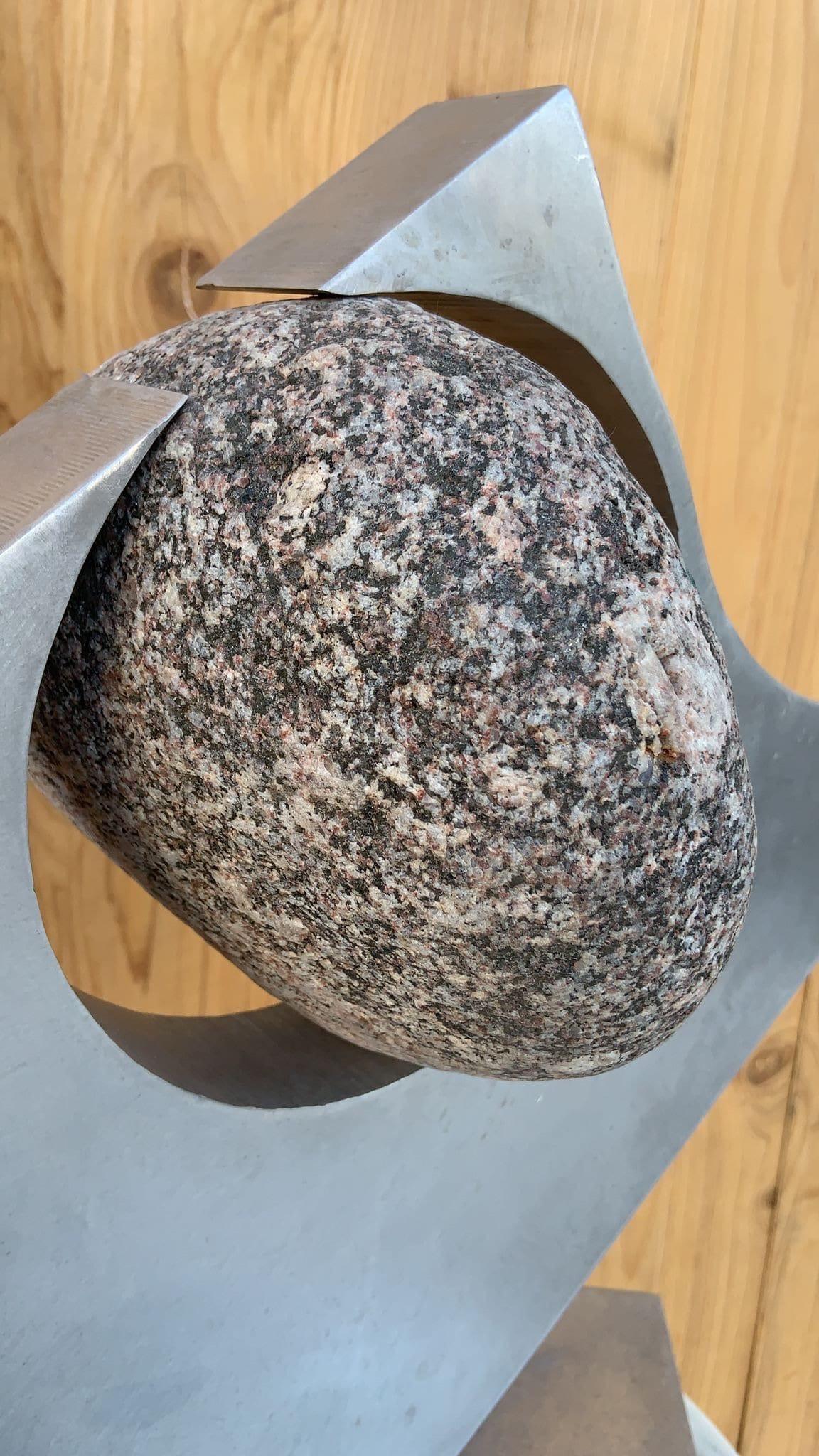 Minimalist Vintage Thomas C. Hicks Jr. Steel and Stone Sculpture For Sale