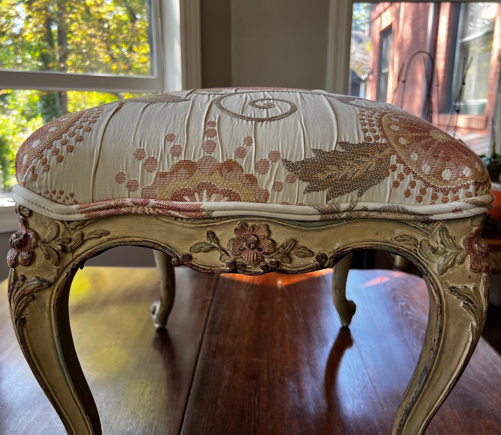 Hand-Crafted Vintage Thomas De Angelis Stool with Floral Carving and Italian Tapestry Fabric 