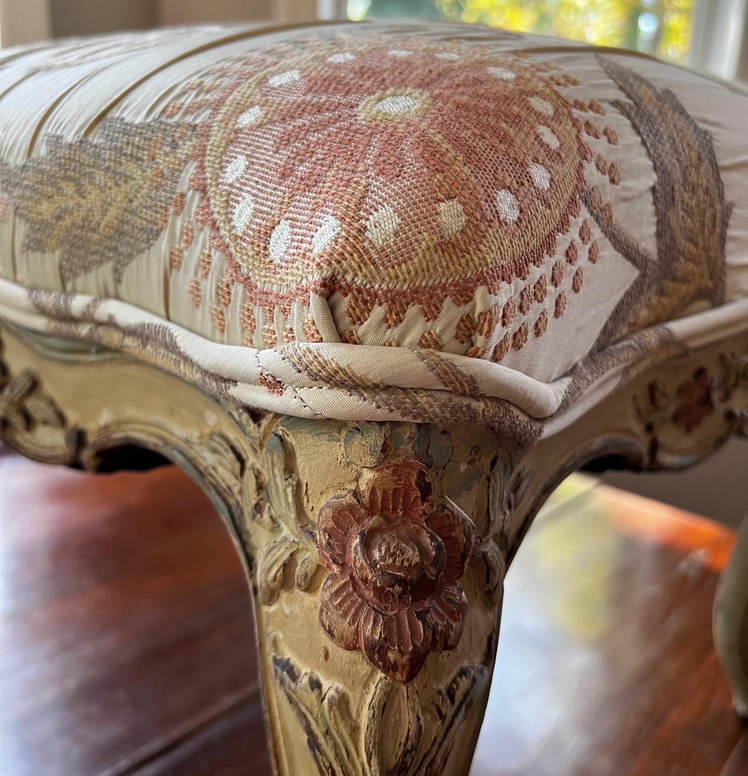 Vintage Thomas De Angelis Stool with Floral Carving and Italian Tapestry Fabric  In Good Condition In Morristown, NJ