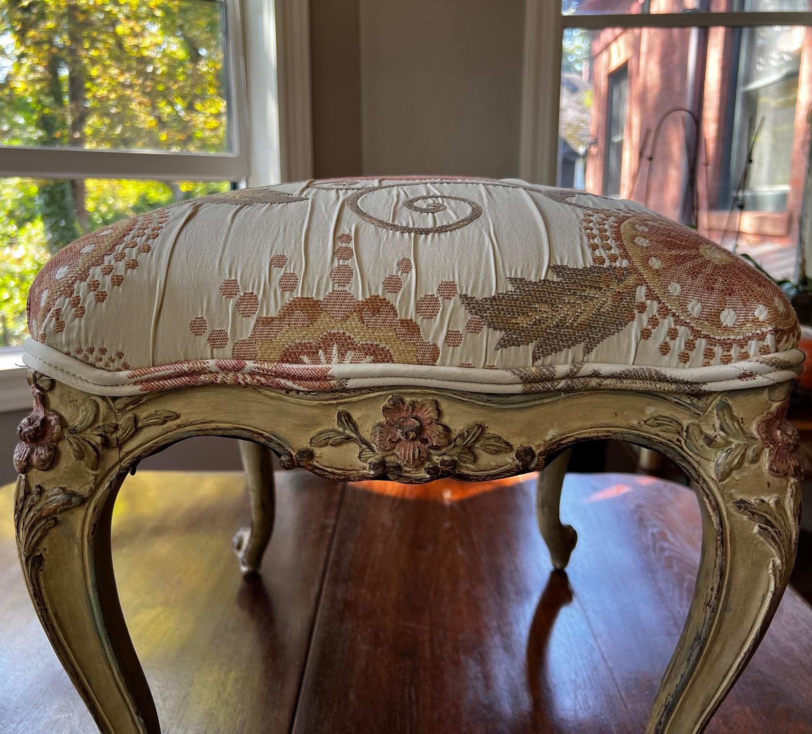 Metal Vintage Thomas De Angelis Stool with Floral Carving and Italian Tapestry Fabric 
