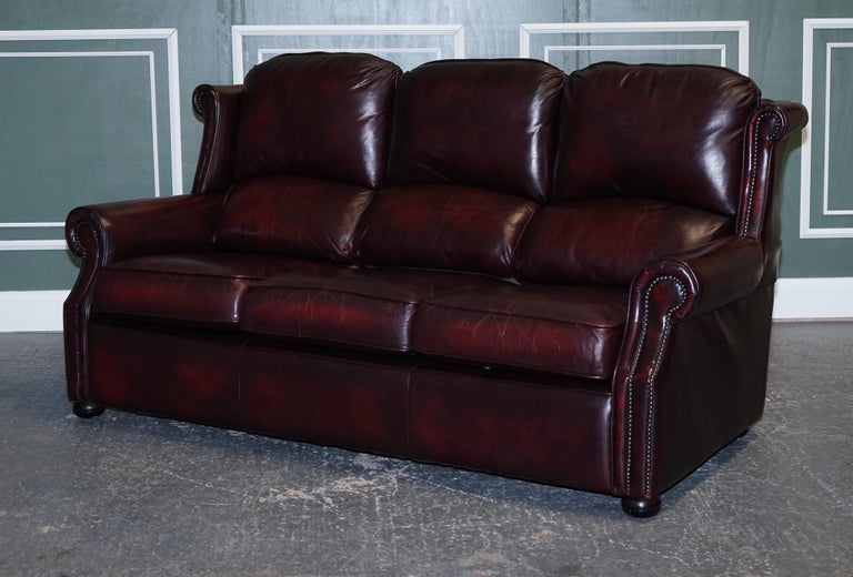 Vintage Thomas Lloyd Burgundy Leather 3 Seater Sofa For Sale at 1stDibs