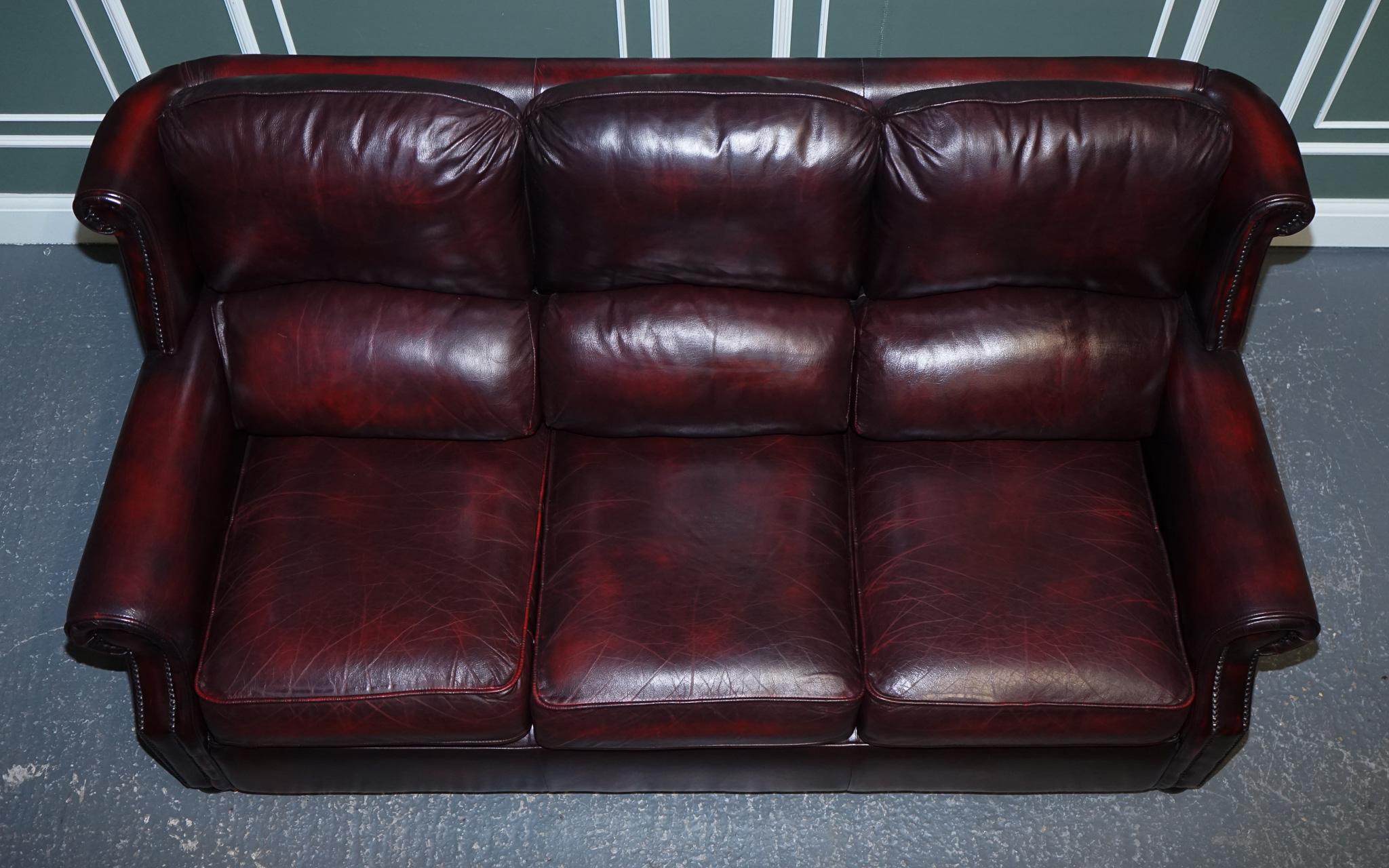 Hand-Crafted Vintage Thomas Lloyd Burgundy Leather 3 Seater Sofa For Sale