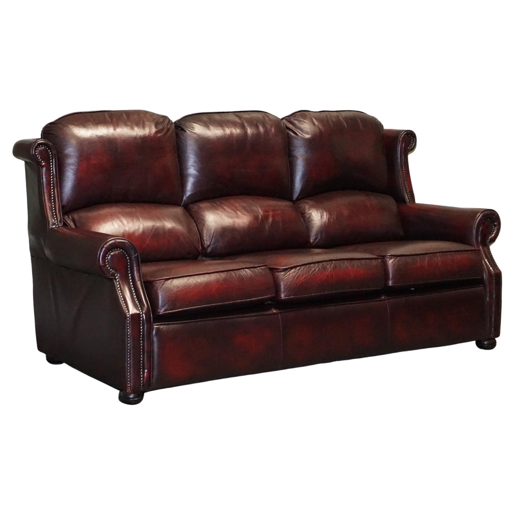 Vintage Thomas Lloyd Burgundy Leather 3 Seater Sofa For Sale