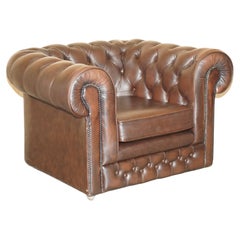 Used THOMAS LLOYD MADE IN ENGLAND BROWN LEATHER CHESTERFIELD ARMCHAIR
