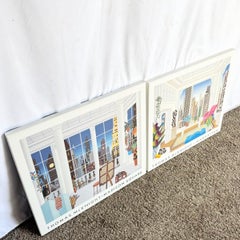 Vintage Thomas McKnight Madison Square and Manhattan Prints on Wood Bard Frame