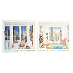 Vintage Thomas McKnight Madison Square and Manhattan Prints on Wood Bard Frame