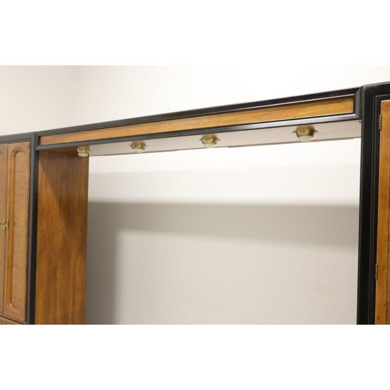 An Asian influenced king size light bridge by Thomasville, from their Embassy Collection. Pecan and black lacquer with metal support brackets and four light fixtures with push button switch. Made in Thomasville, North Carolina, USA, in the late 20th