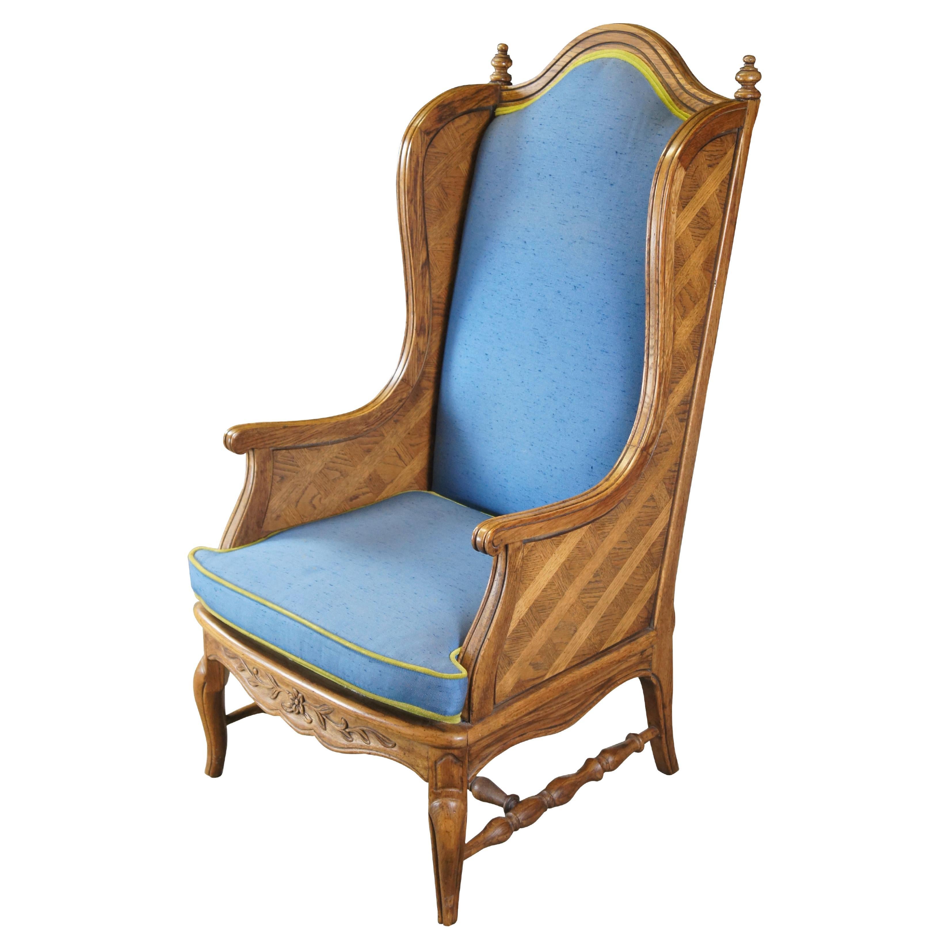 Vintage Thomasville Louis XV Style Parquetry Oak Carved Library Wingback Chair For Sale