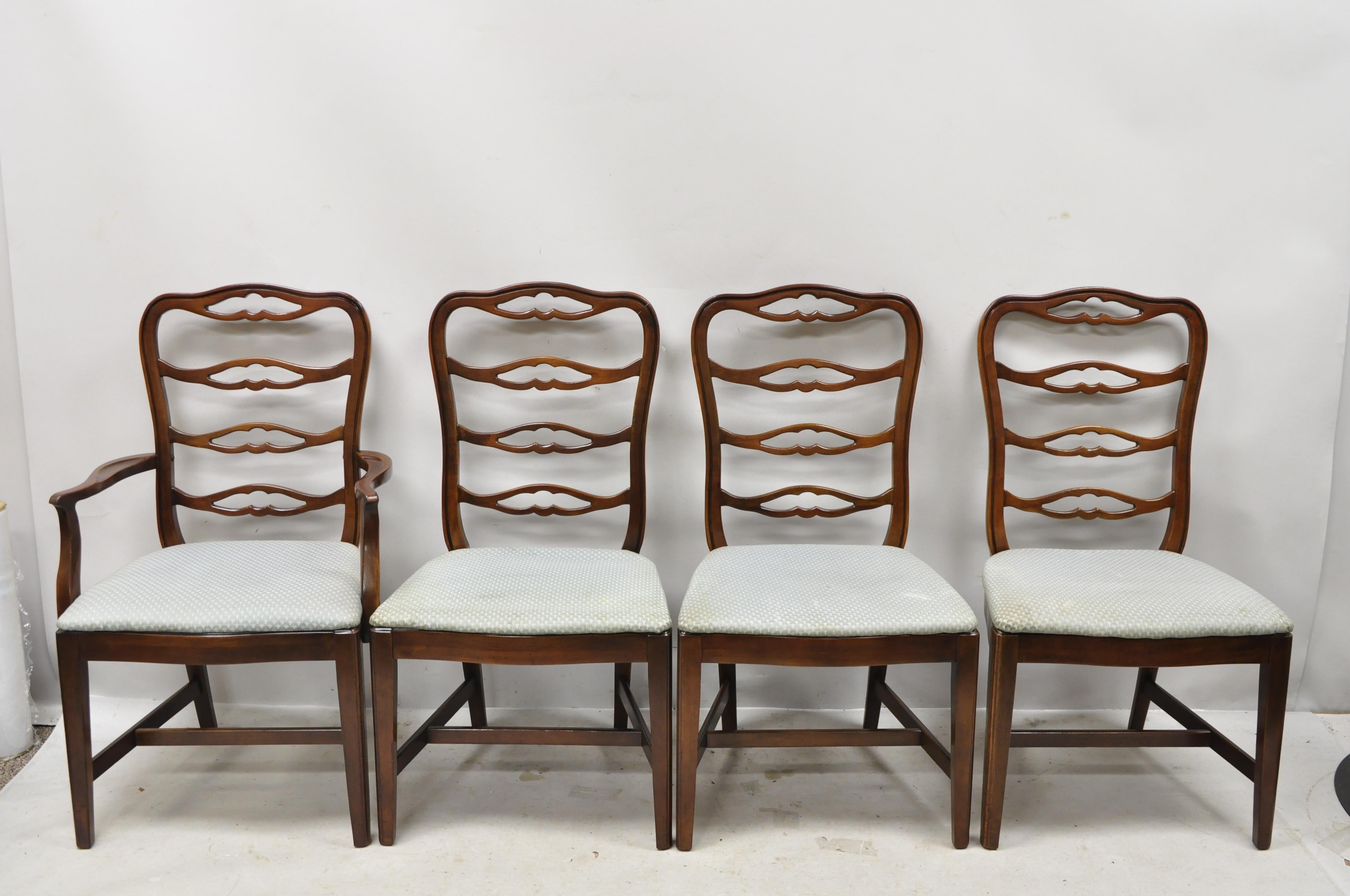 Vintage Thomasville mahogany ladderback ribbon back dining chairs - Set of 6. Set includes (5) side chairs, (1) armchair, original labels, solid wood construction, quality American craftsmanship, circa mid- late 20th century. Measurements: Armchair: