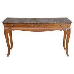 Vintage Thomasville Oak & Marble French Country Sofa Table Console Sideboard
