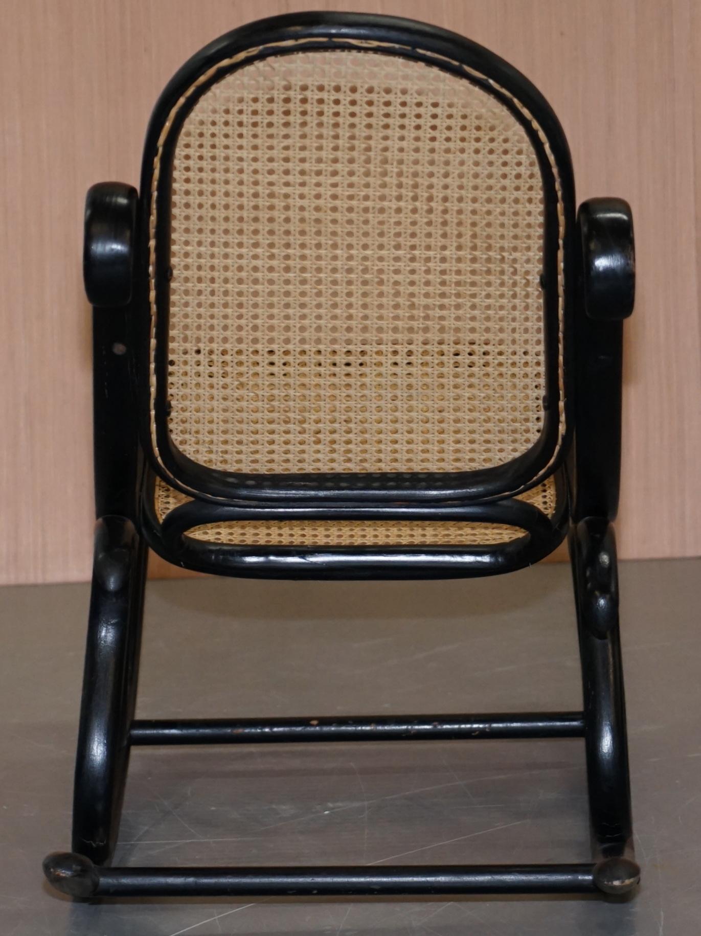 Vintage Thonet Ebonized Black Rattan Bergere Rocking Chair Lovely Small Armchair For Sale 2