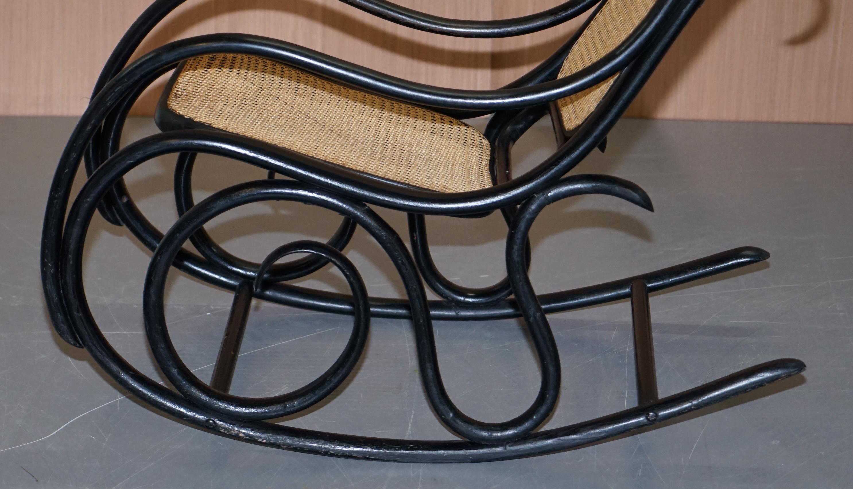 Vintage Thonet Ebonized Black Rattan Bergere Rocking Chair Lovely Small Armchair For Sale 3