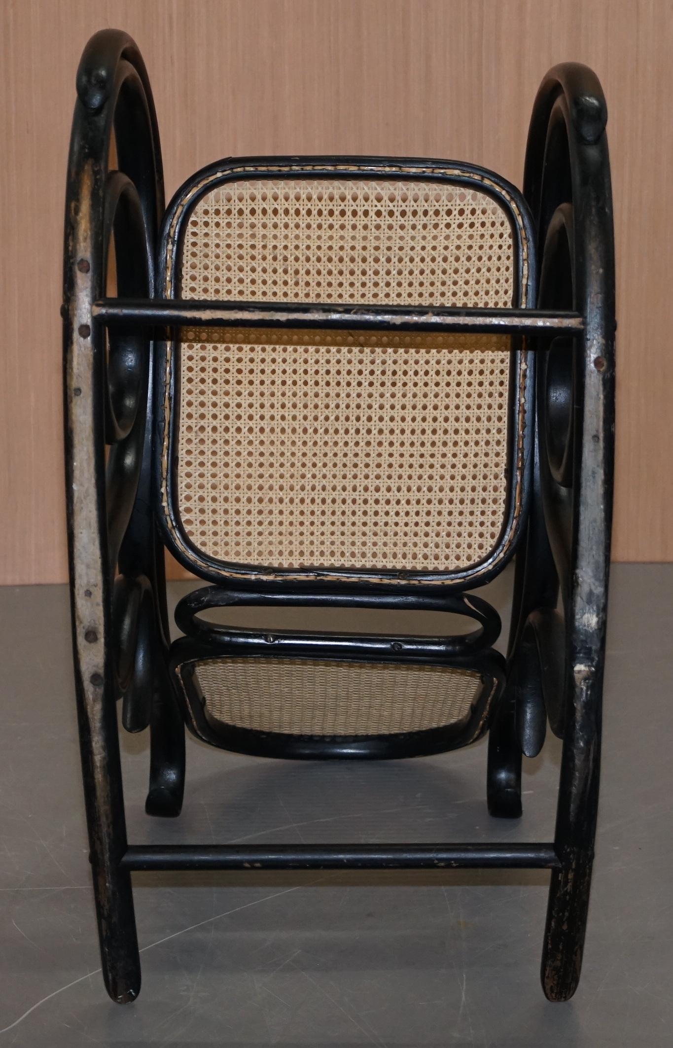 Vintage Thonet Ebonized Black Rattan Bergere Rocking Chair Lovely Small Armchair For Sale 5