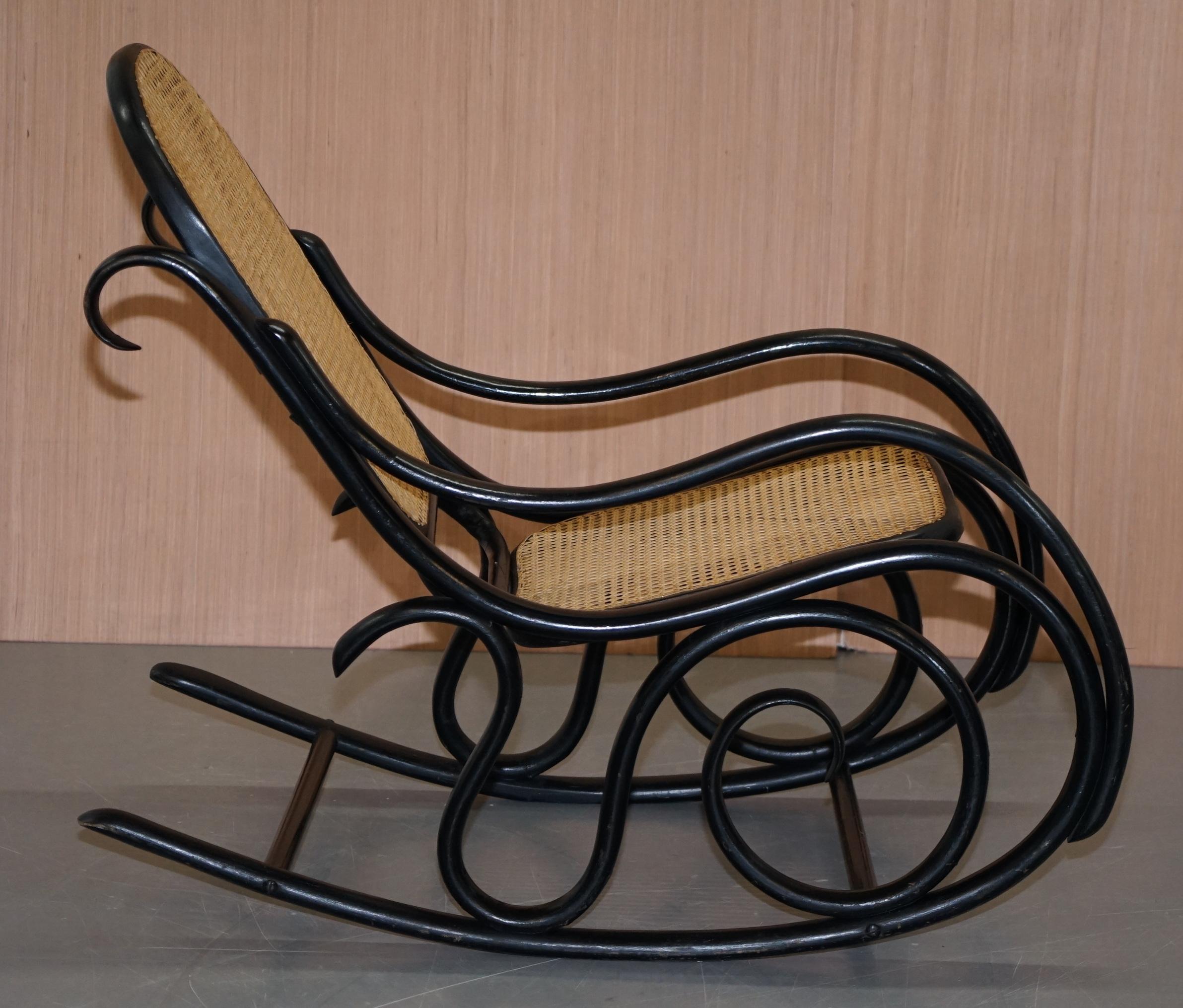 Hand-Crafted Vintage Thonet Ebonized Black Rattan Bergere Rocking Chair Lovely Small Armchair For Sale