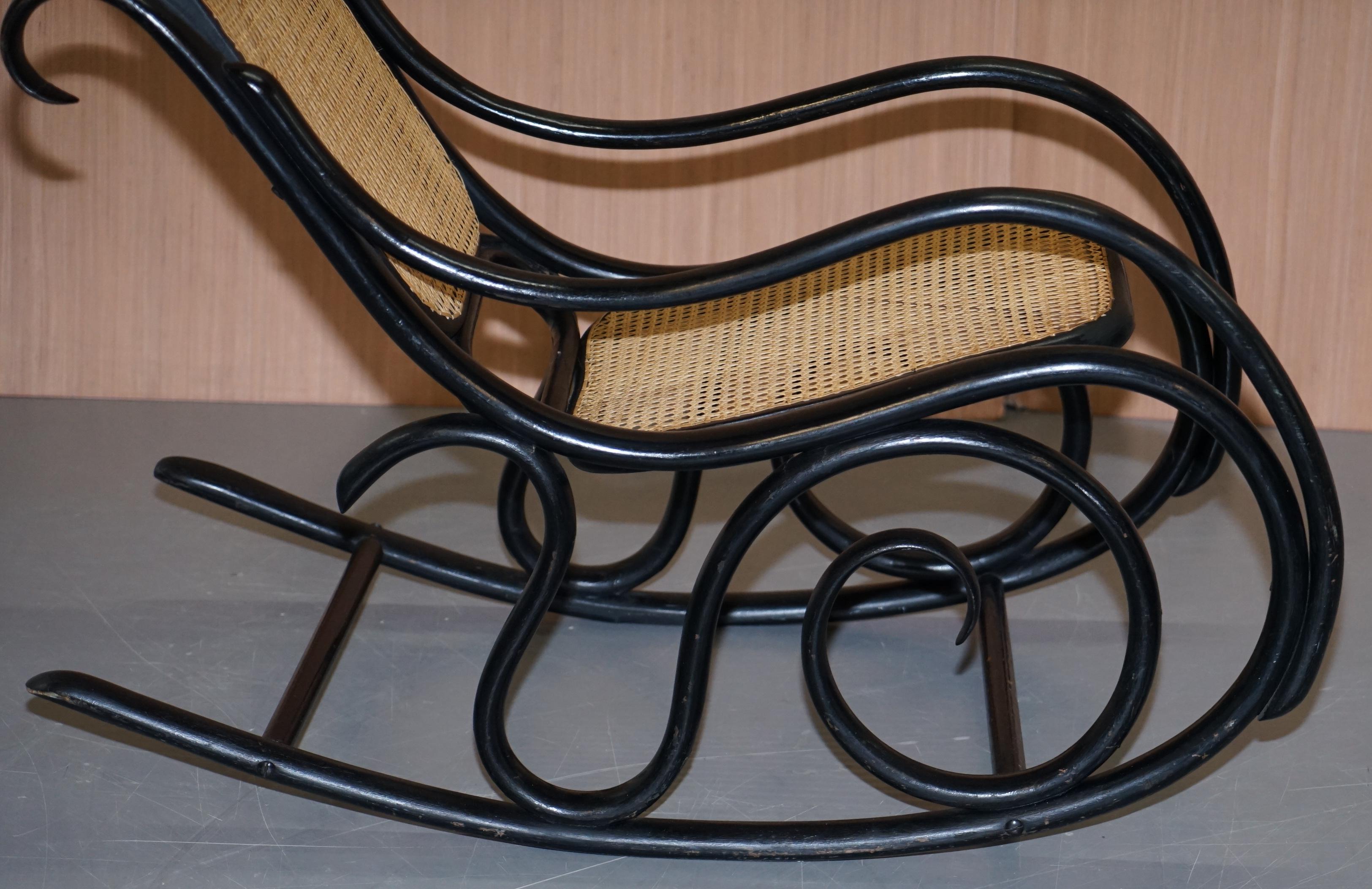 20th Century Vintage Thonet Ebonized Black Rattan Bergere Rocking Chair Lovely Small Armchair For Sale