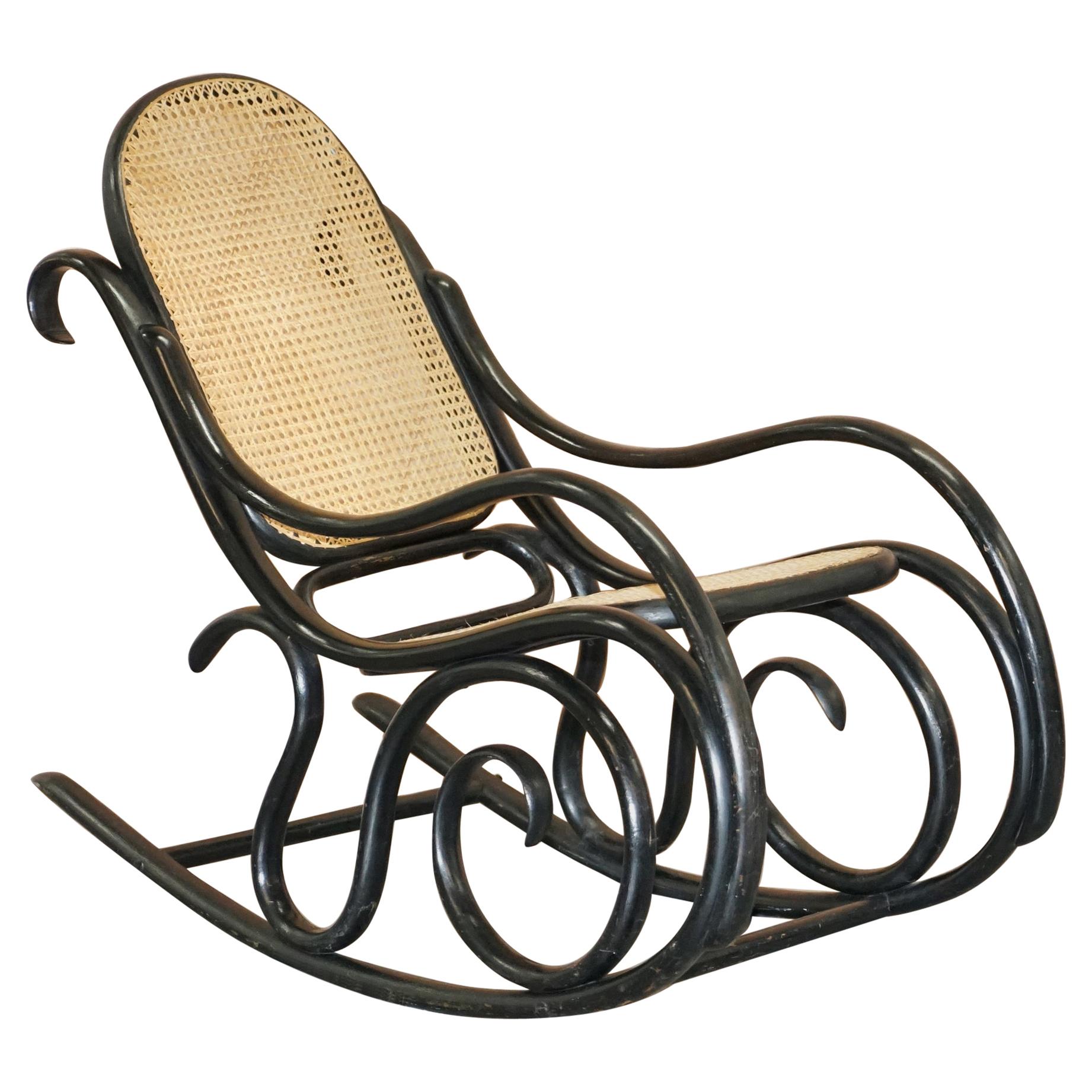 Vintage Thonet Ebonized Black Rattan Bergere Rocking Chair Lovely Small Armchair For Sale