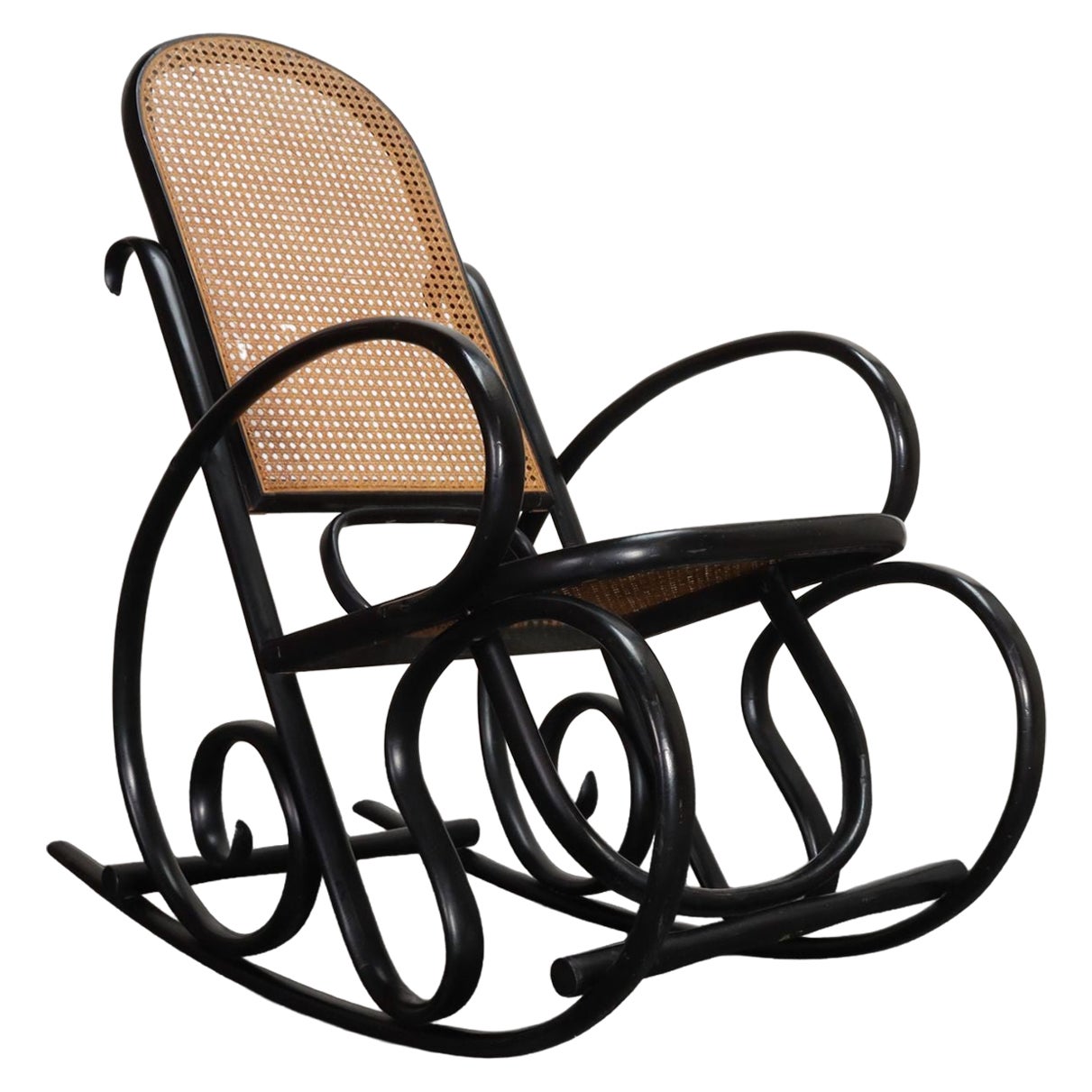 Vintage Thonet Ebonized Bentwood and Rattan Rocking Chair