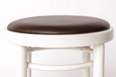 Vintage Thonet Stool – White Lacquered Wood & Brown Leather – 1990s–2000s