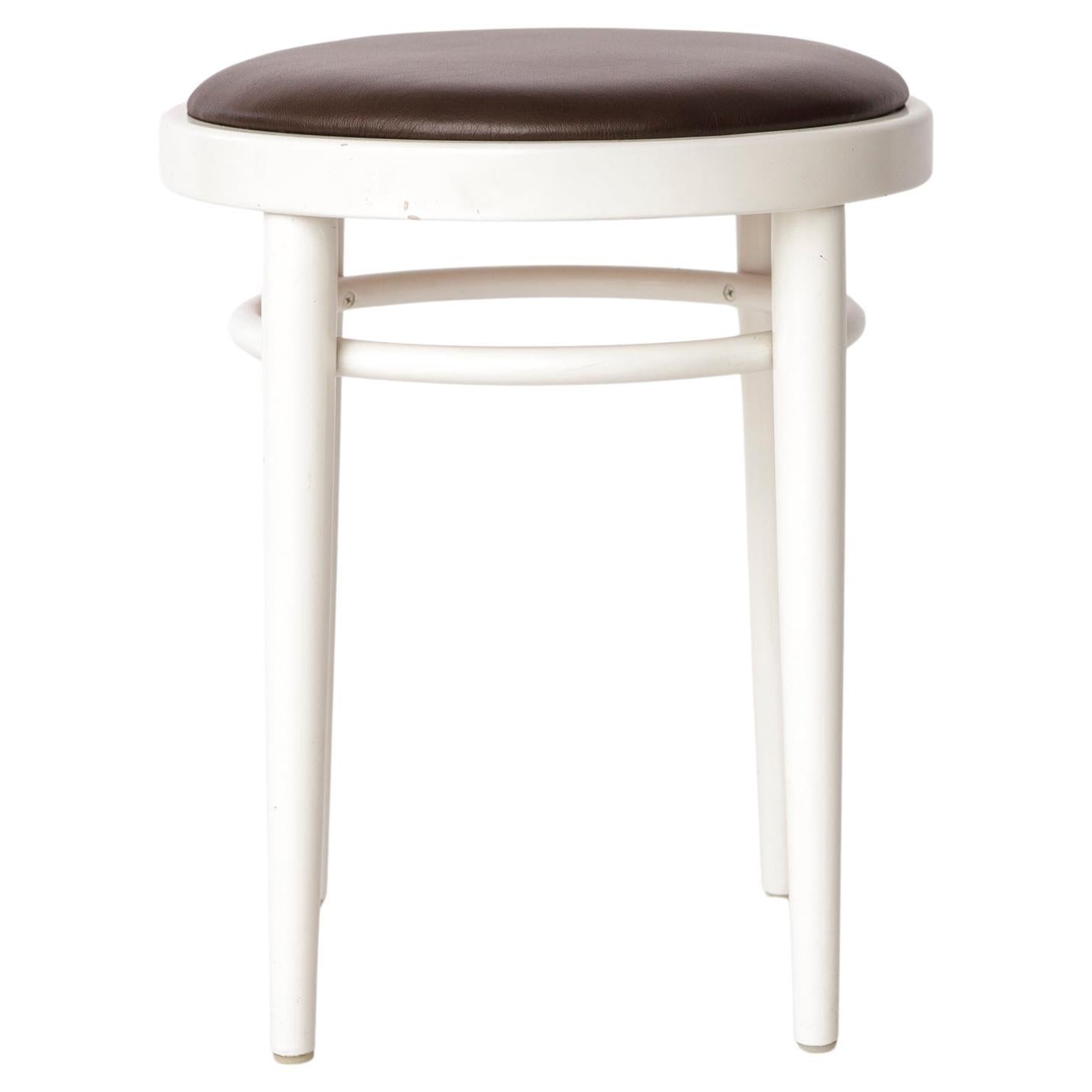 Taburete Thonet Vintage - Madera lacada en blanco y cuero marrón - Años 90-2000