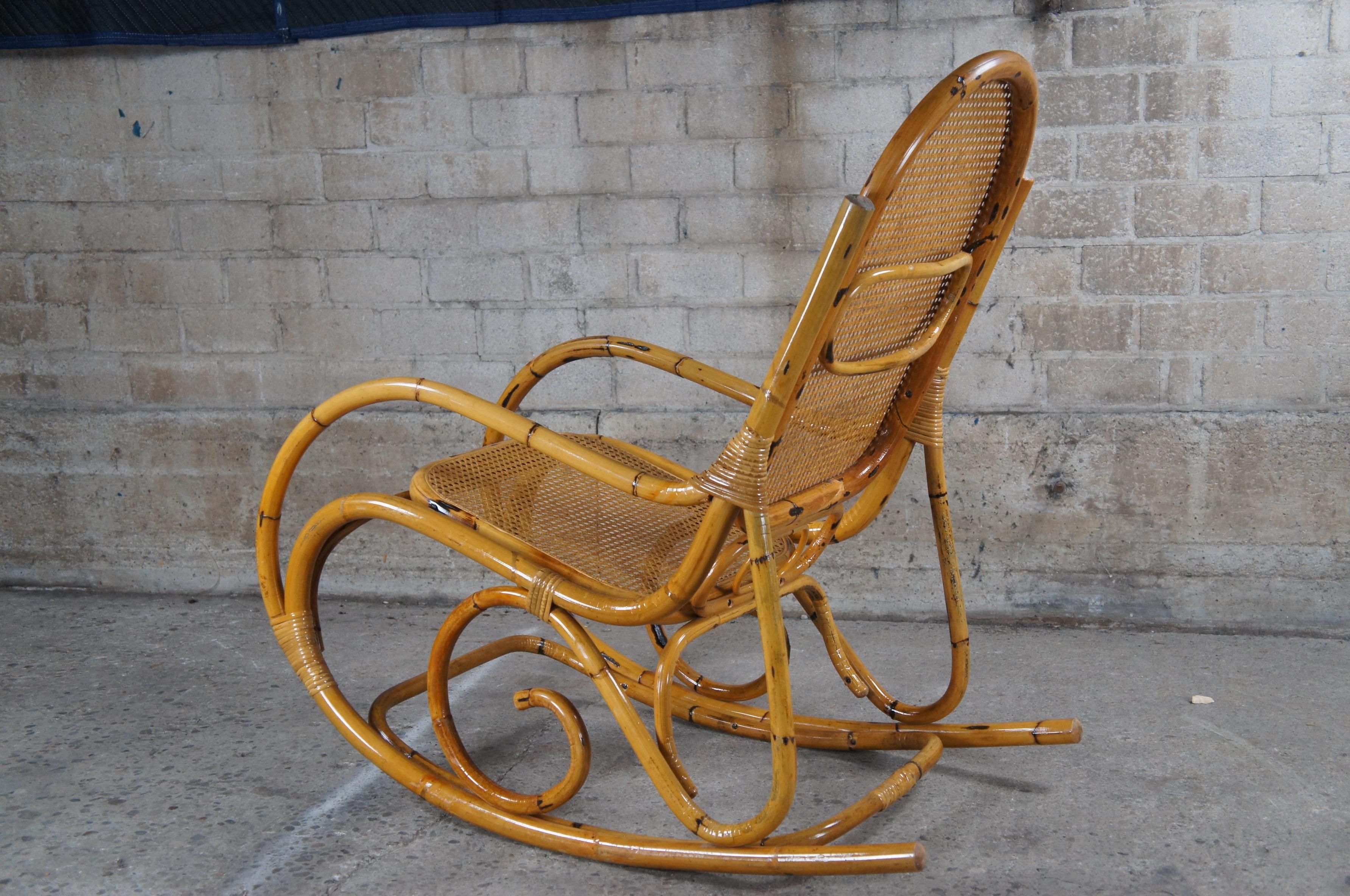 20th Century Vintage Thonet Style Large Bamboo Bentwood Cane Rattan Rocking Arm Chair For Sale