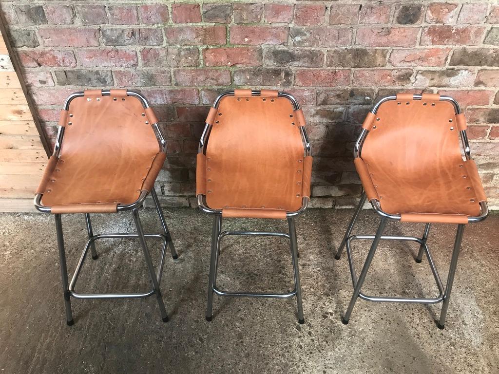 Mid-Century Modern Vintage 3 Original Leather Selected by Charlotte Perriand Stools for Les Arcs