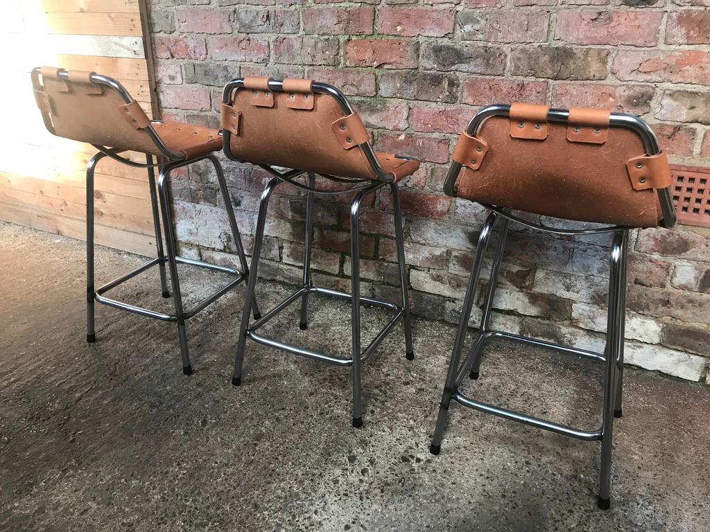 French Vintage 3 Original Leather Selected by Charlotte Perriand Stools for Les Arcs