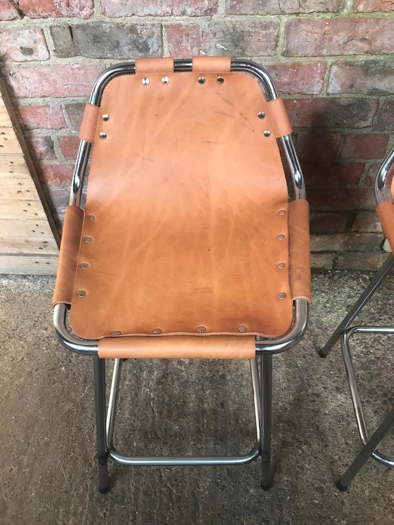 Vintage 3 Original Leather Selected by Charlotte Perriand Stools for Les Arcs In Good Condition In Markington, GB