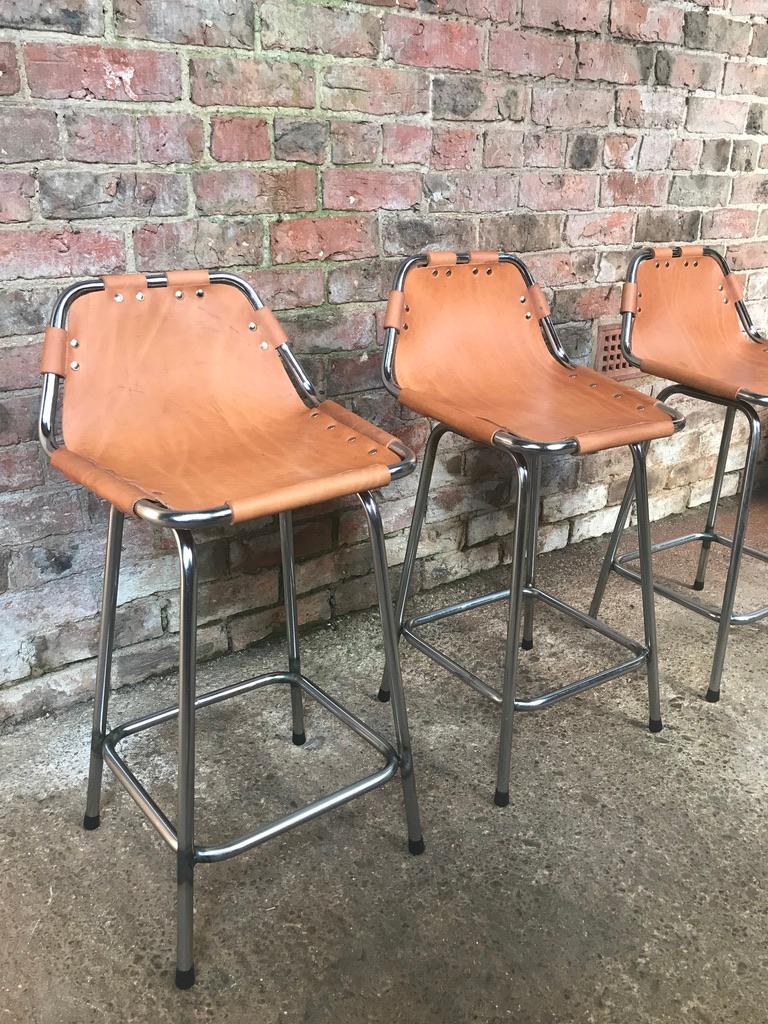 Vintage 3 Original Leather Selected by Charlotte Perriand Stools for Les Arcs 1