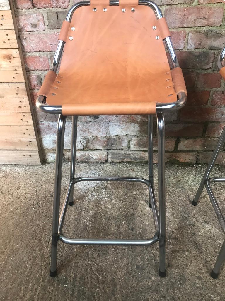 Vintage 3 Original Leather Selected by Charlotte Perriand Stools for Les Arcs 2