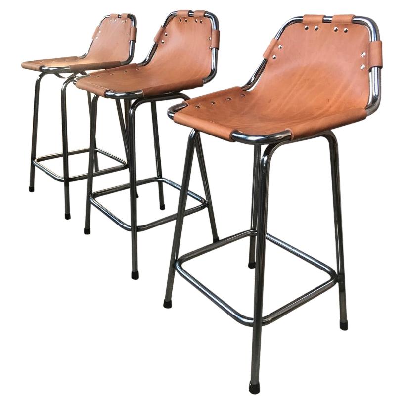 Vintage 3 Original Leather Selected by Charlotte Perriand Stools for Les Arcs