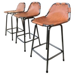 Vintage 3 Original Leather Selected by Charlotte Perriand Stools for Les Arcs