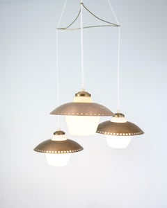 Vintage Three-Arm Ceiling Pendant In Opal Glass & Brass By Bent Karlby