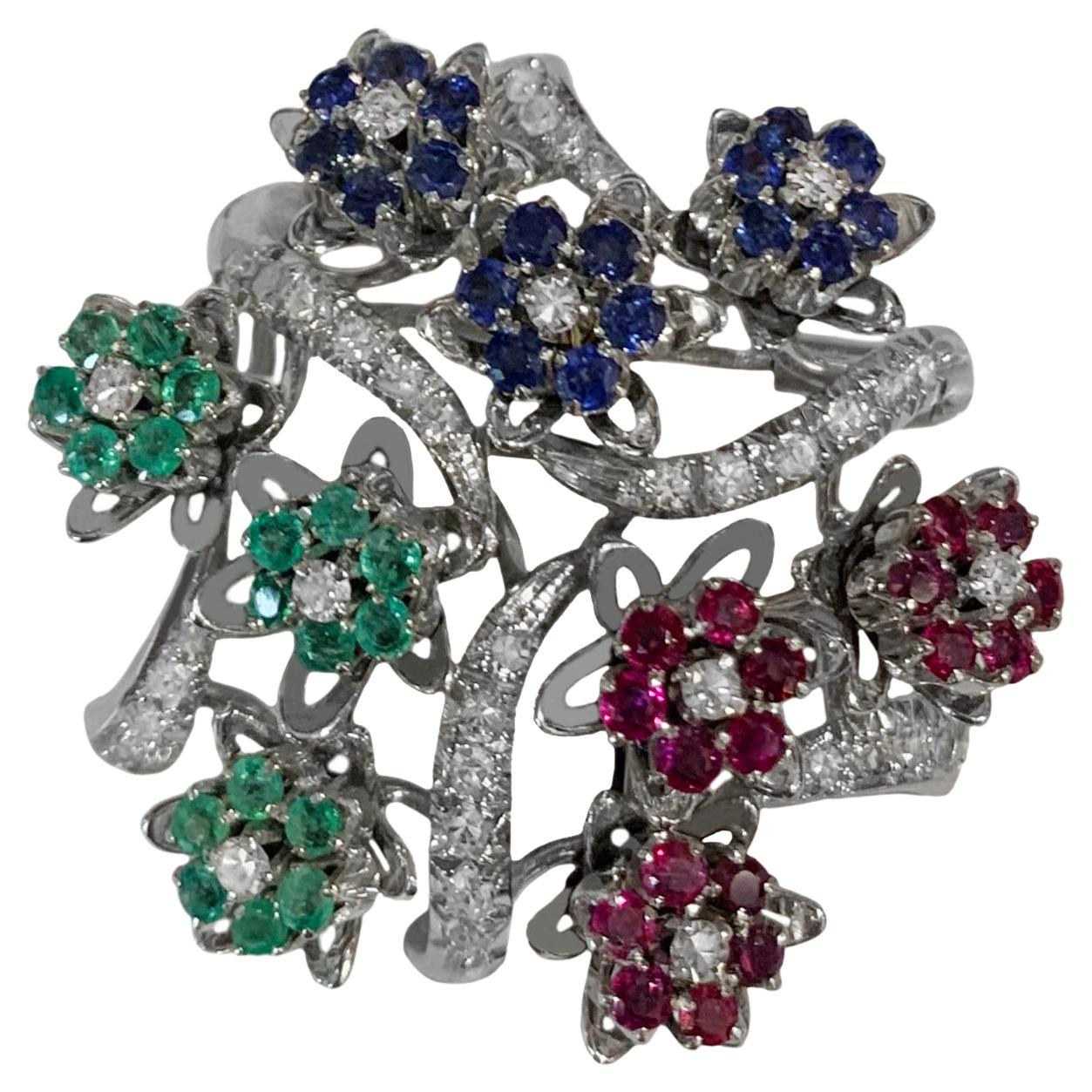 Vintage Three Color Bouquet Brooch in 18k White Gold For Sale