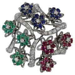 Vintage Three Color Bouquet Brooch in 18k White Gold