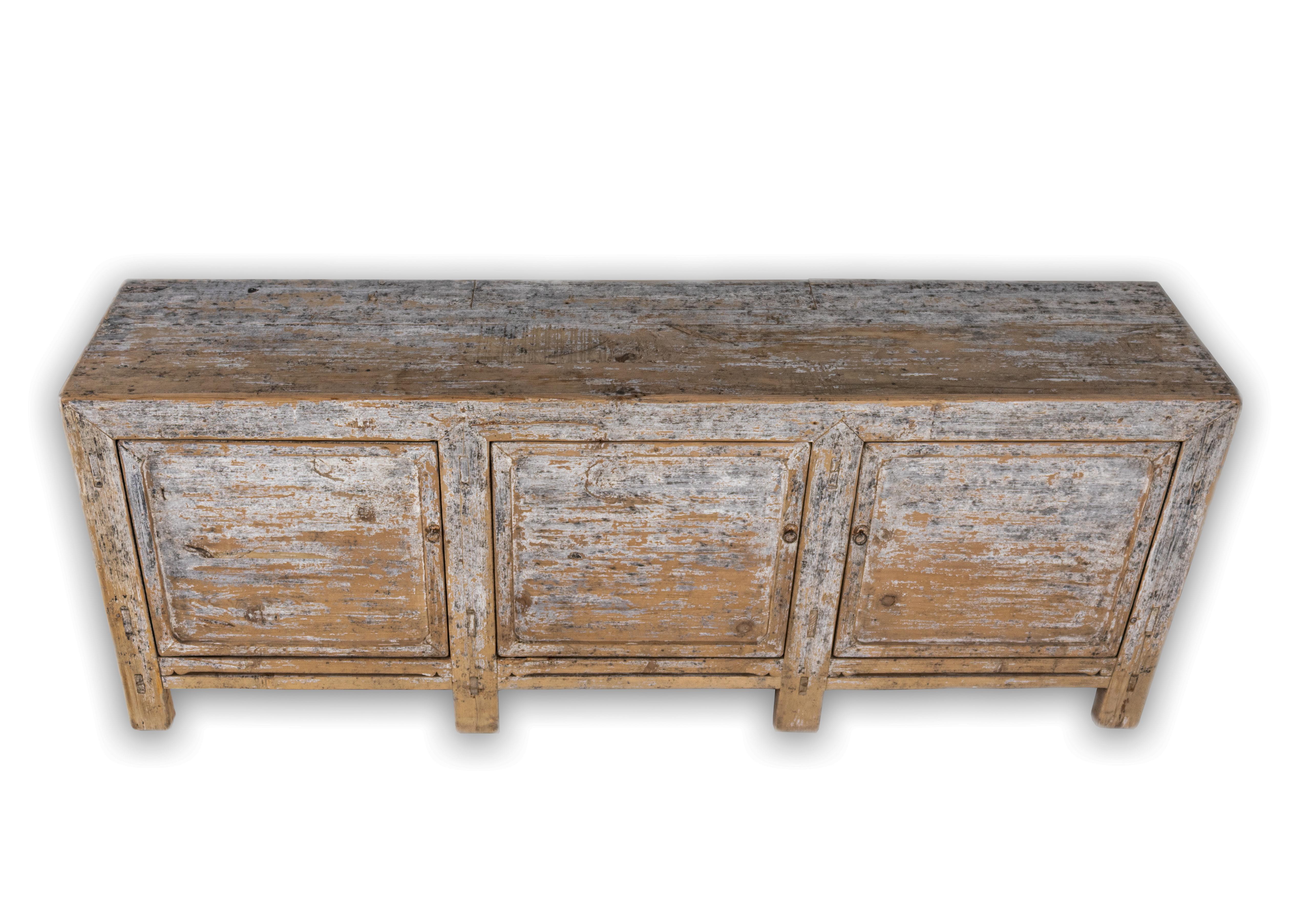 Vintage three door server credenza in original paint patina. made from elm wood. In my organic, contemporary, vintage and mid-century modern aesthetic.
