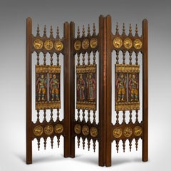 Vintage Three-Fold Screen, Painted, French, Room Divider, Medieval Taste