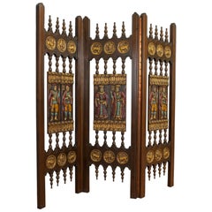 Vintage Three-Fold Screen, Painted, French, Room Divider, Medieval Taste