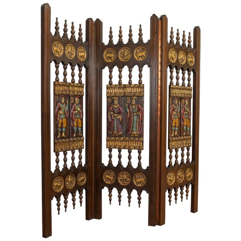 Vintage Three Fold Screen Painted French Room Divider Medieval 